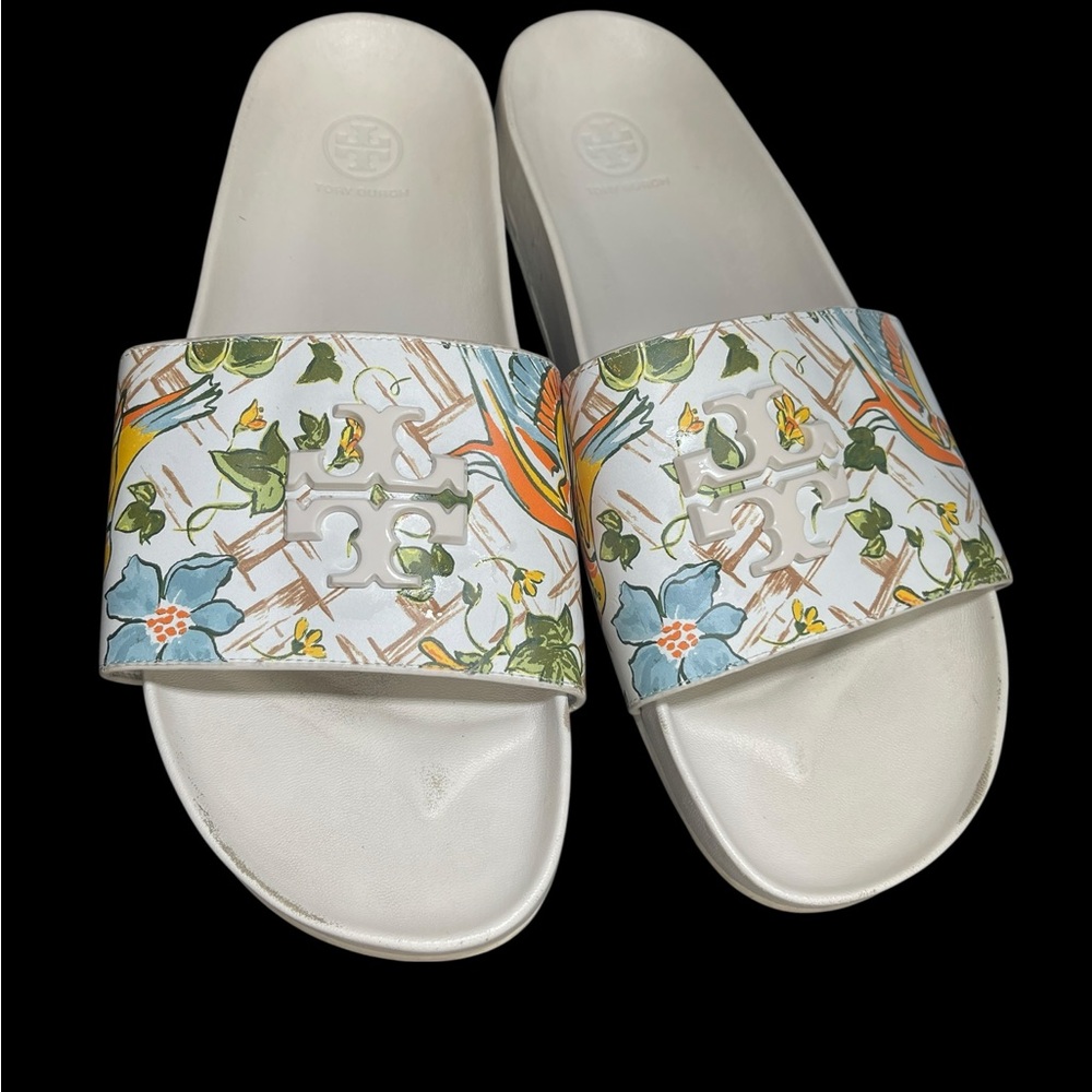 Tory Burch White Floral Logo Slide Sandals with Blue & Green Accents